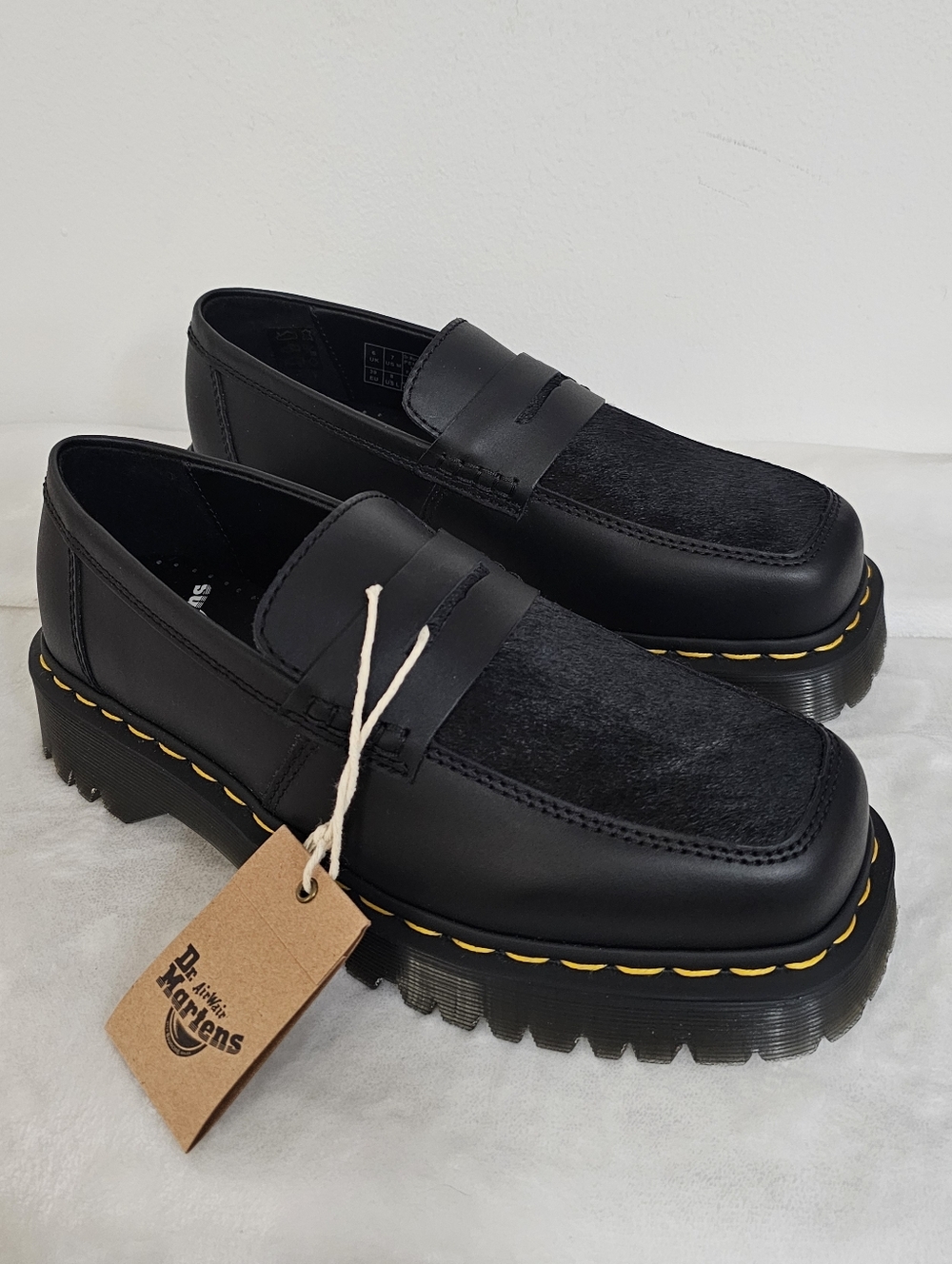 Dr. Martens Black Leather Penton Bex Square Toe Fur Top Chunky Unisex Loafers
